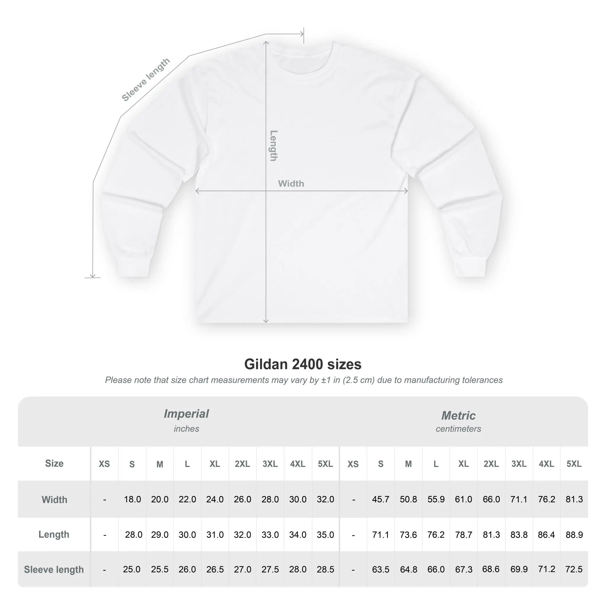White long-sleeve T-shirt size chart with front outline and width/length/sleeve labels