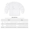 White long-sleeve T-shirt size chart with front outline and width/length/sleeve labels