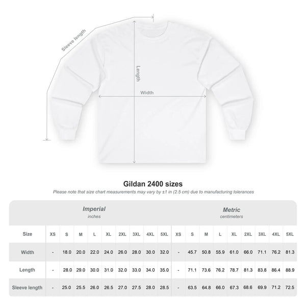 White long-sleeve T-shirt size chart with front outline and width/length/sleeve labels