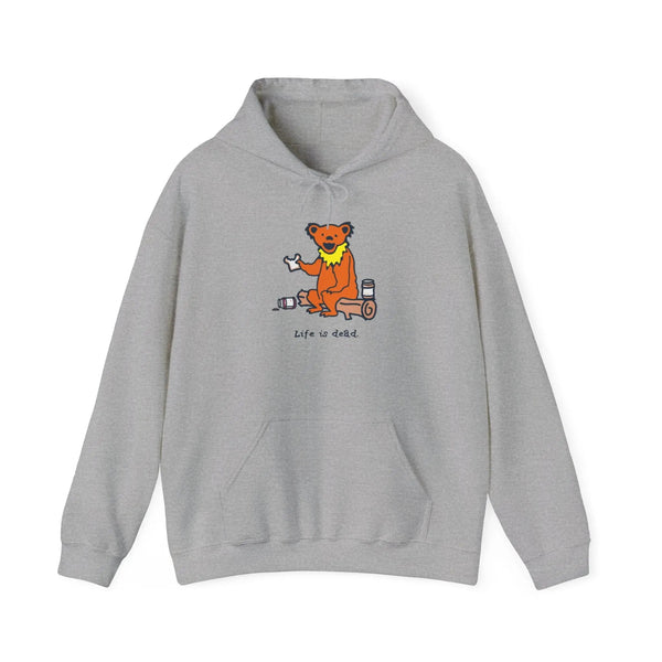 Light gray bear graphic pullover hoodie with front pocket and drawstring hood