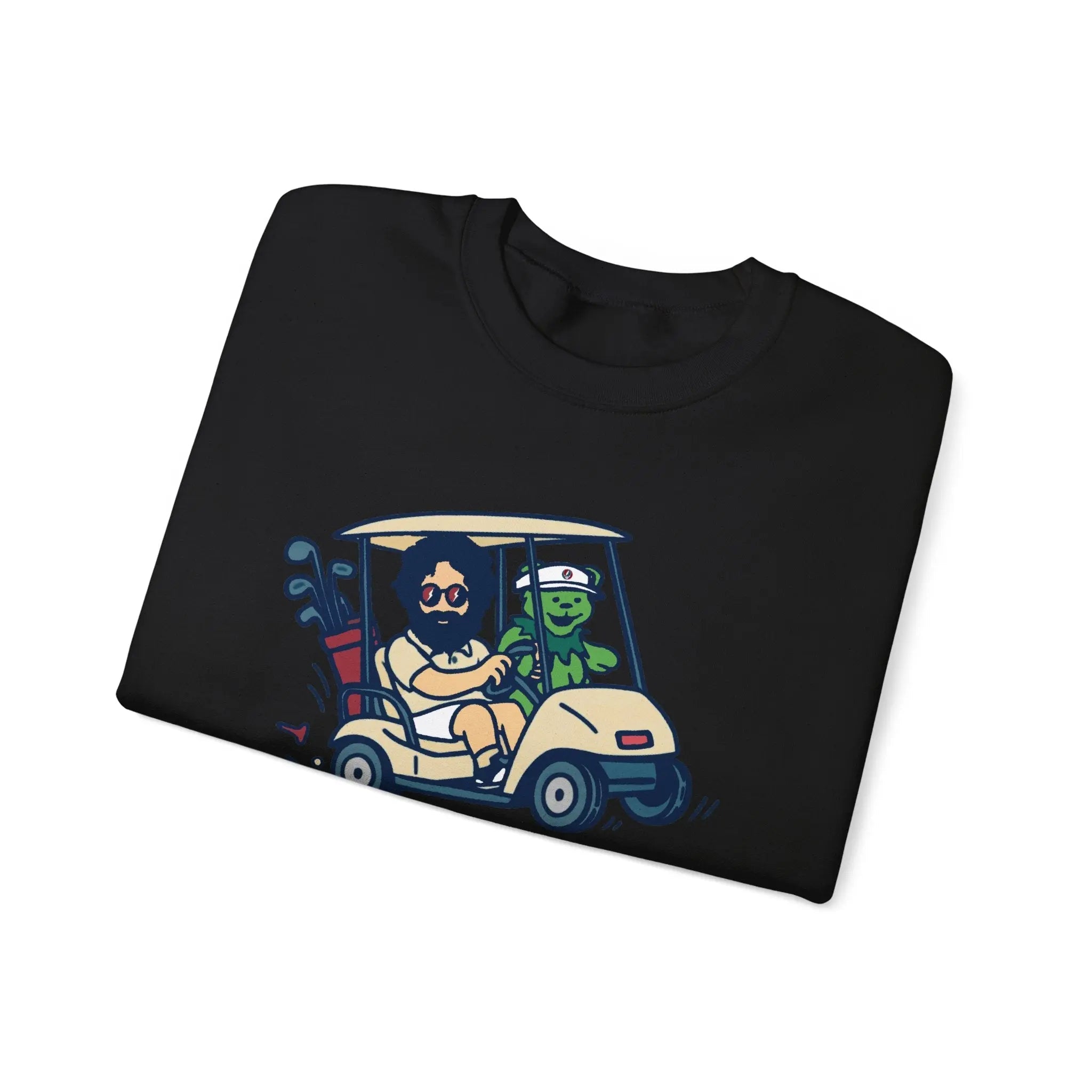 Black crewneck sweatshirt flat lay with cartoon car-and-characters graphic
