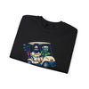 Black crewneck sweatshirt flat lay with cartoon car-and-characters graphic