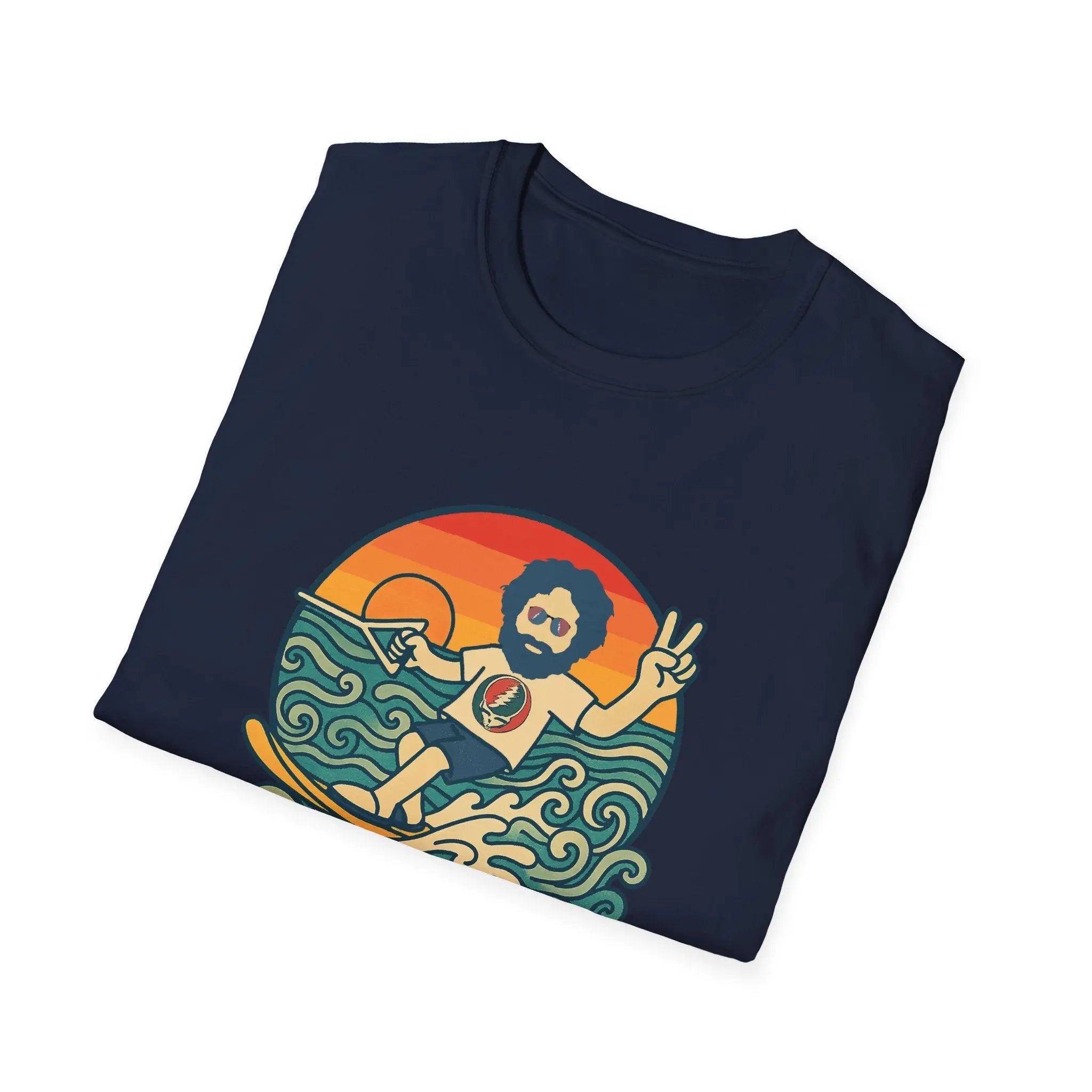 Navy T-shirt with front graphic of a bearded man in a circular orange scene