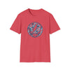 Red crewneck T-shirt with circular camo skull lightning graphic