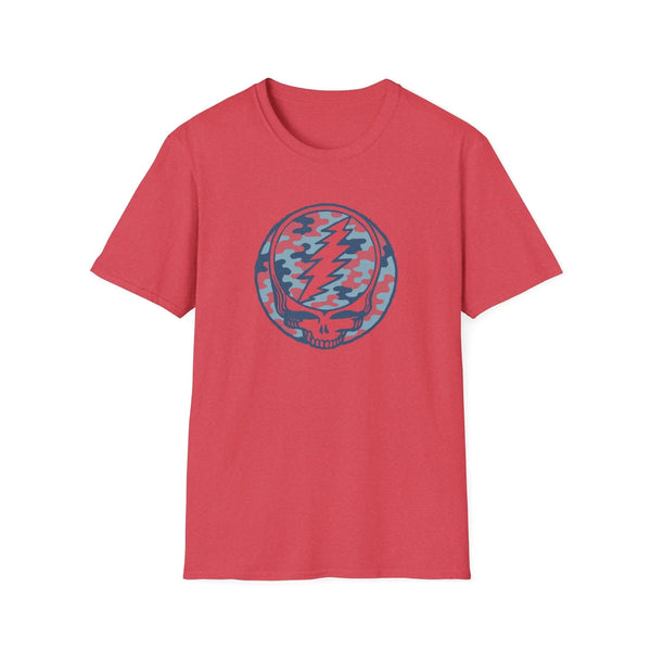 Red crewneck T-shirt with circular camo skull lightning graphic