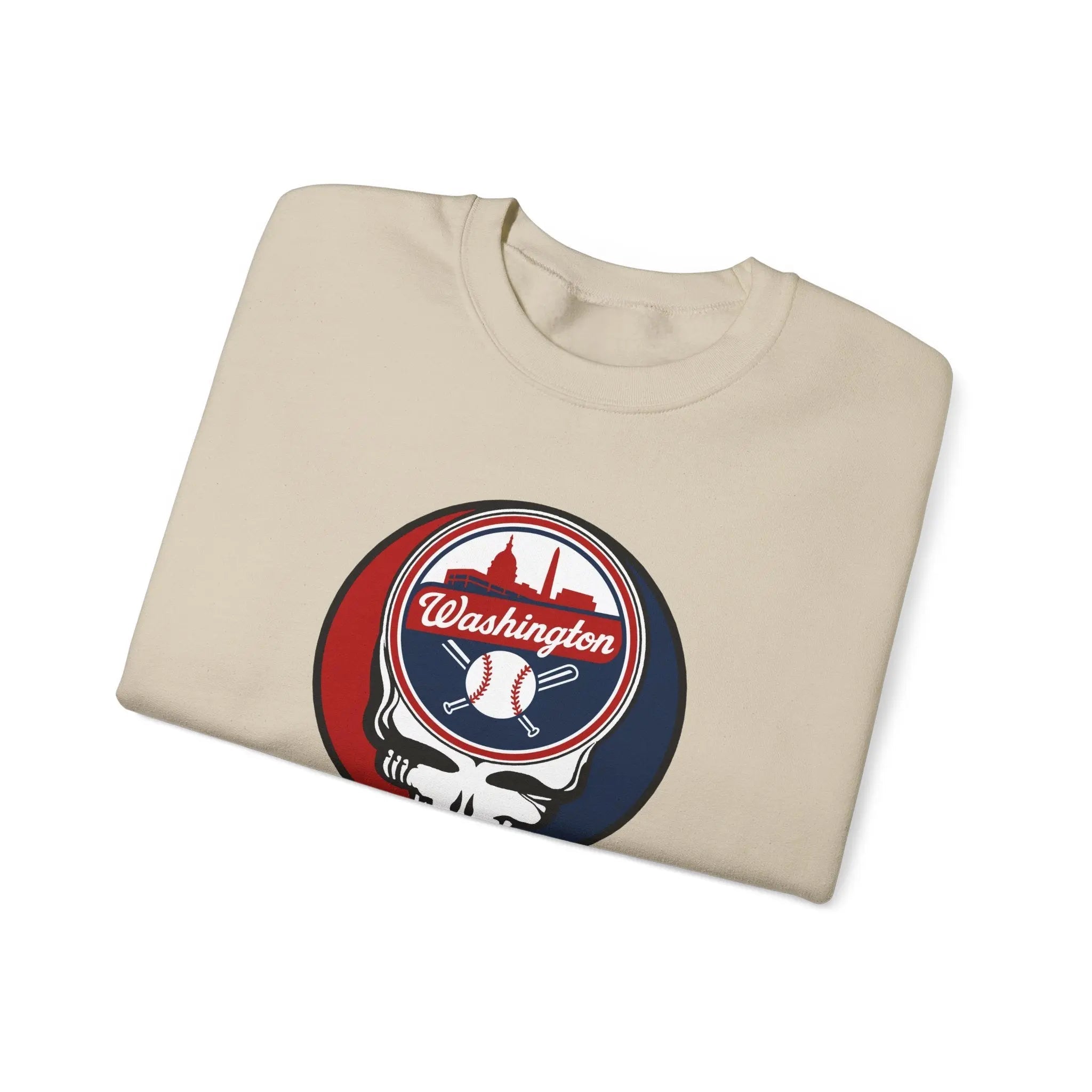 Cream crewneck sweatshirt with Washington logo skull graphic print on the chest