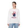 White crewneck sweatshirt with red handprint and “Grateful Dead” text on chest