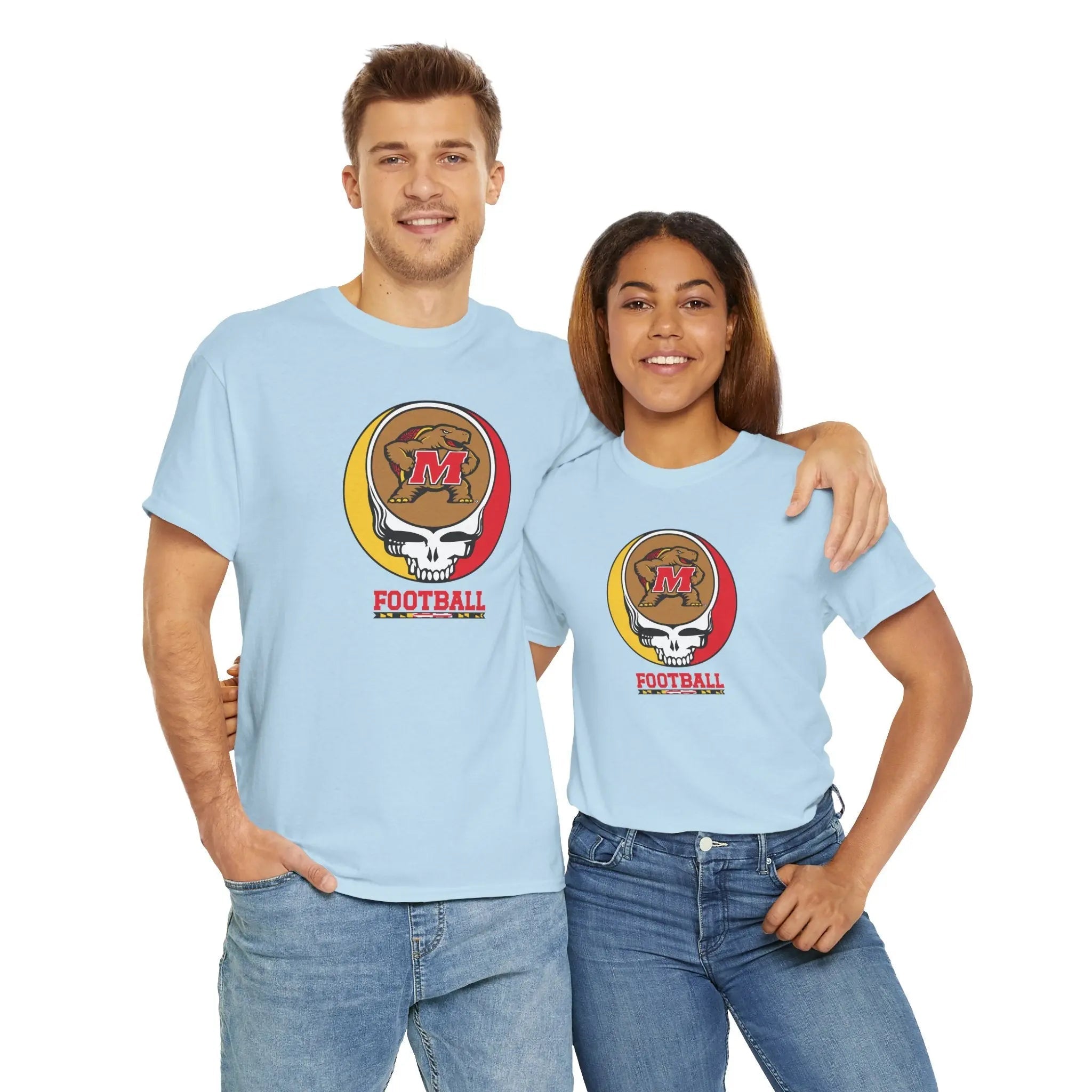 Light blue football t-shirt with circular M helmet logo graphic and 'FOOTBALL' text