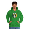Bright green hoodie with hood and front pouch pocket, Oakland logo skull baseball graphic.