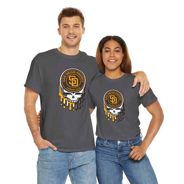 Charcoal grey San Diego Padres logo graphic T-shirt with dripping skull front print
