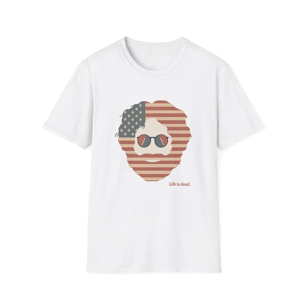 White crewneck T-shirt with patriotic bearded skull graphic, "Life is dead"