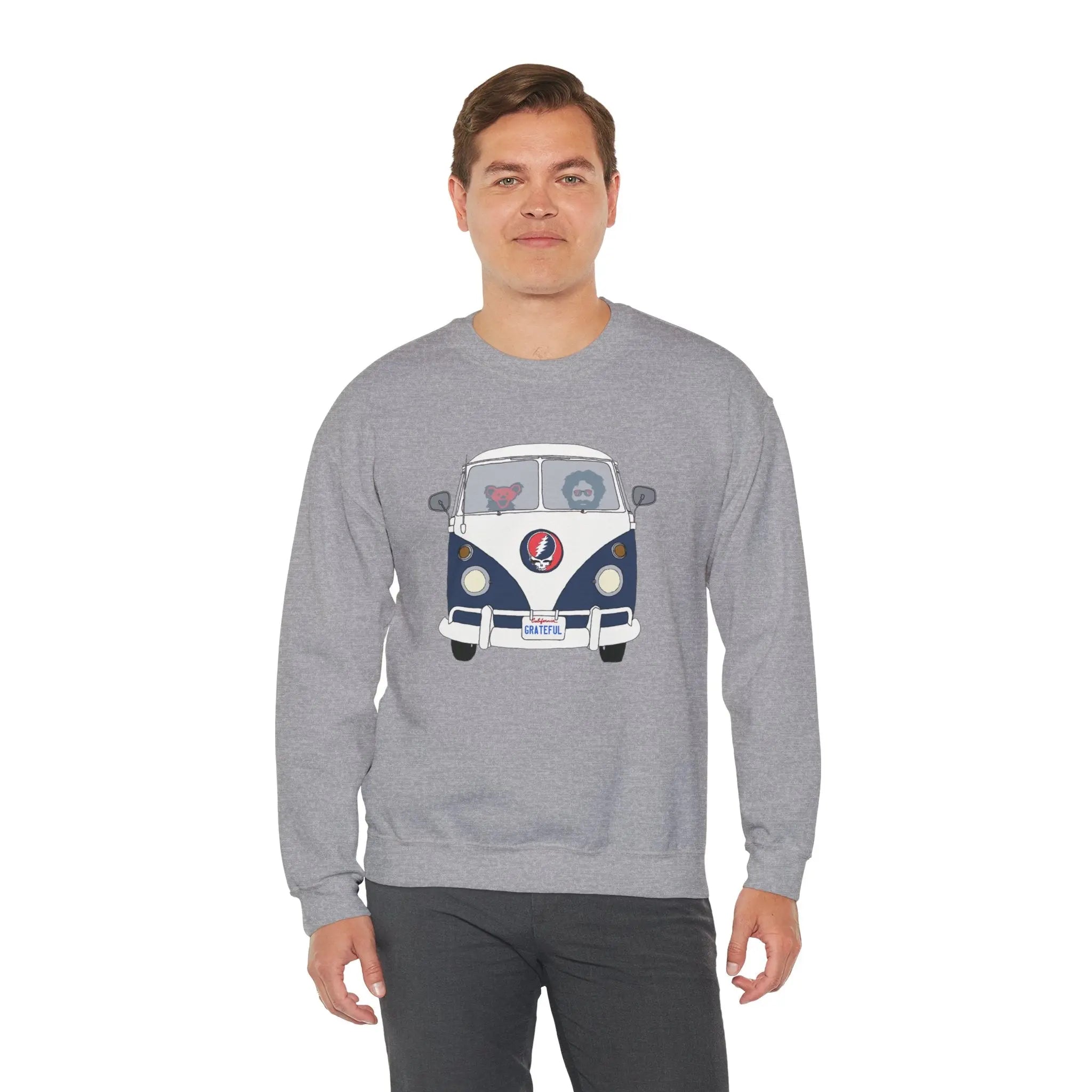 Sport grey crewneck sweatshirt with blue bus graphic