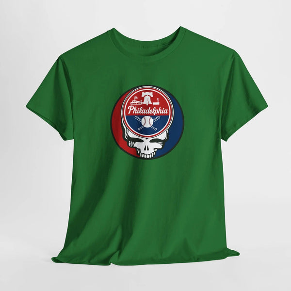 Green T-shirt with round Philadelphia logo skull graphic on the front