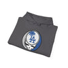 Los Angeles Dodgers charcoal hoodie with front Stealie LA emblem and hood drawstring