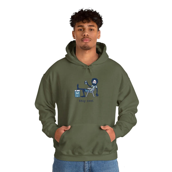 Military green pullover hoodie with kangaroo pocket and Stay cool chest graphic