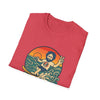 Red T-shirt with front graphic of a bearded man in a circular orange scene