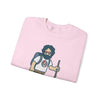 Light pink sweatshirt folded flat, front cartoon hiker graphic
