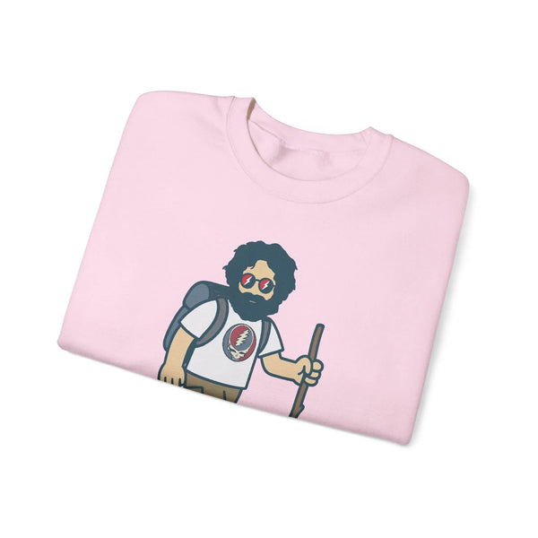 Light pink sweatshirt folded flat, front cartoon hiker graphic