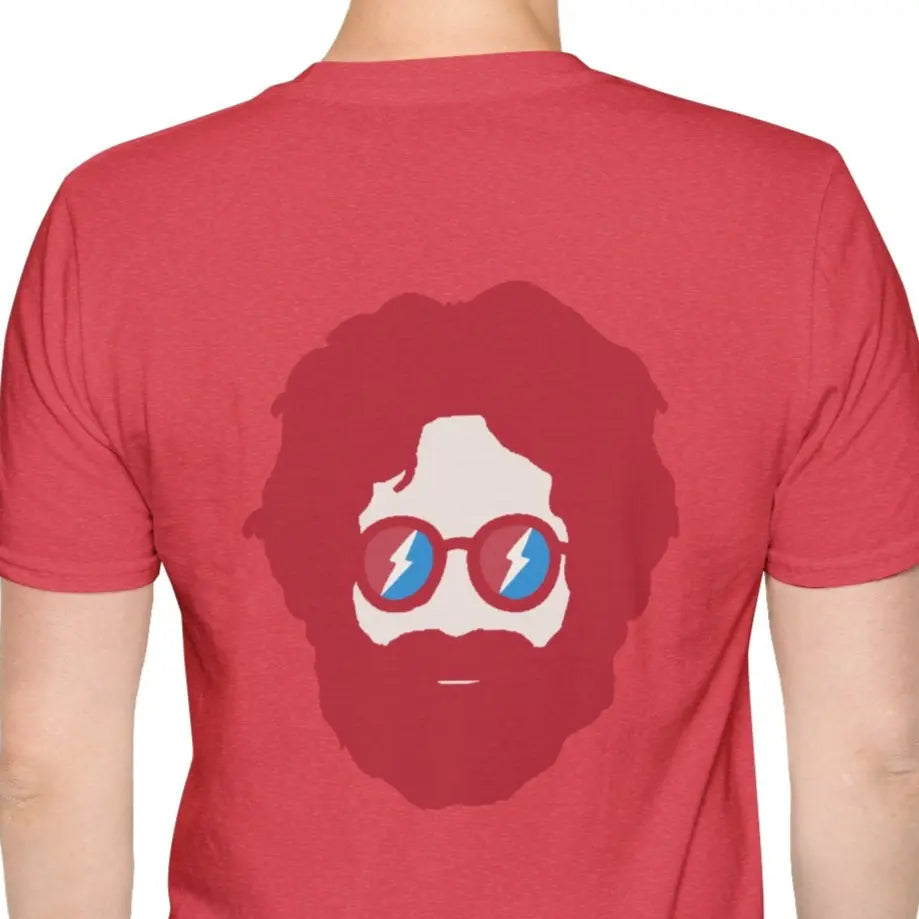 Red two-sided graphic T-shirt with centered back portrait and round blue glasses print
