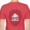 Red two-sided graphic T-shirt with centered back portrait and round blue glasses print