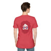 Red two-sided graphic T-shirt, back portrait print centered between shoulders