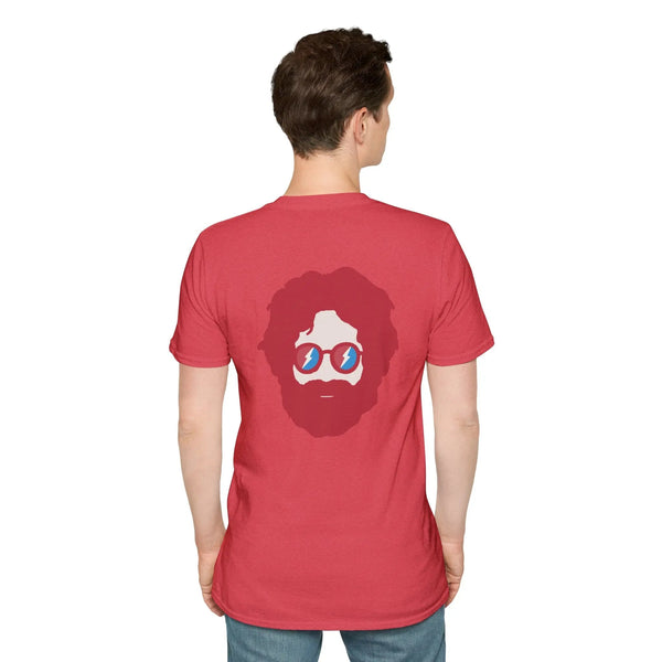 Red two-sided graphic T-shirt, back portrait print centered between shoulders
