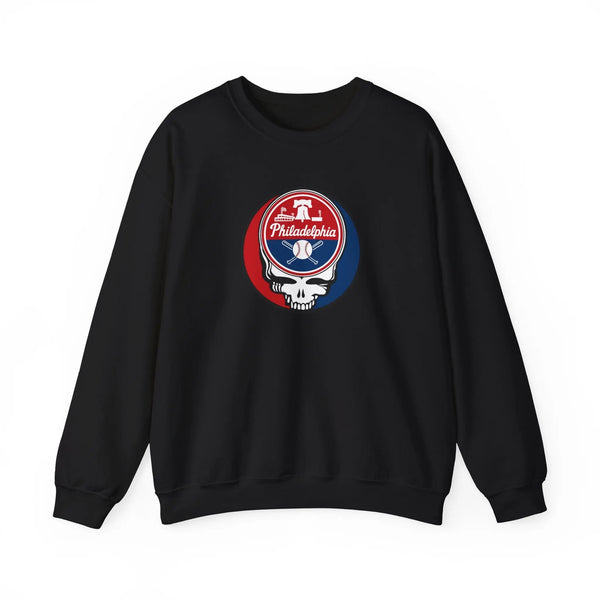 Black crewneck sweatshirt with front circular Stealie skull emblem
