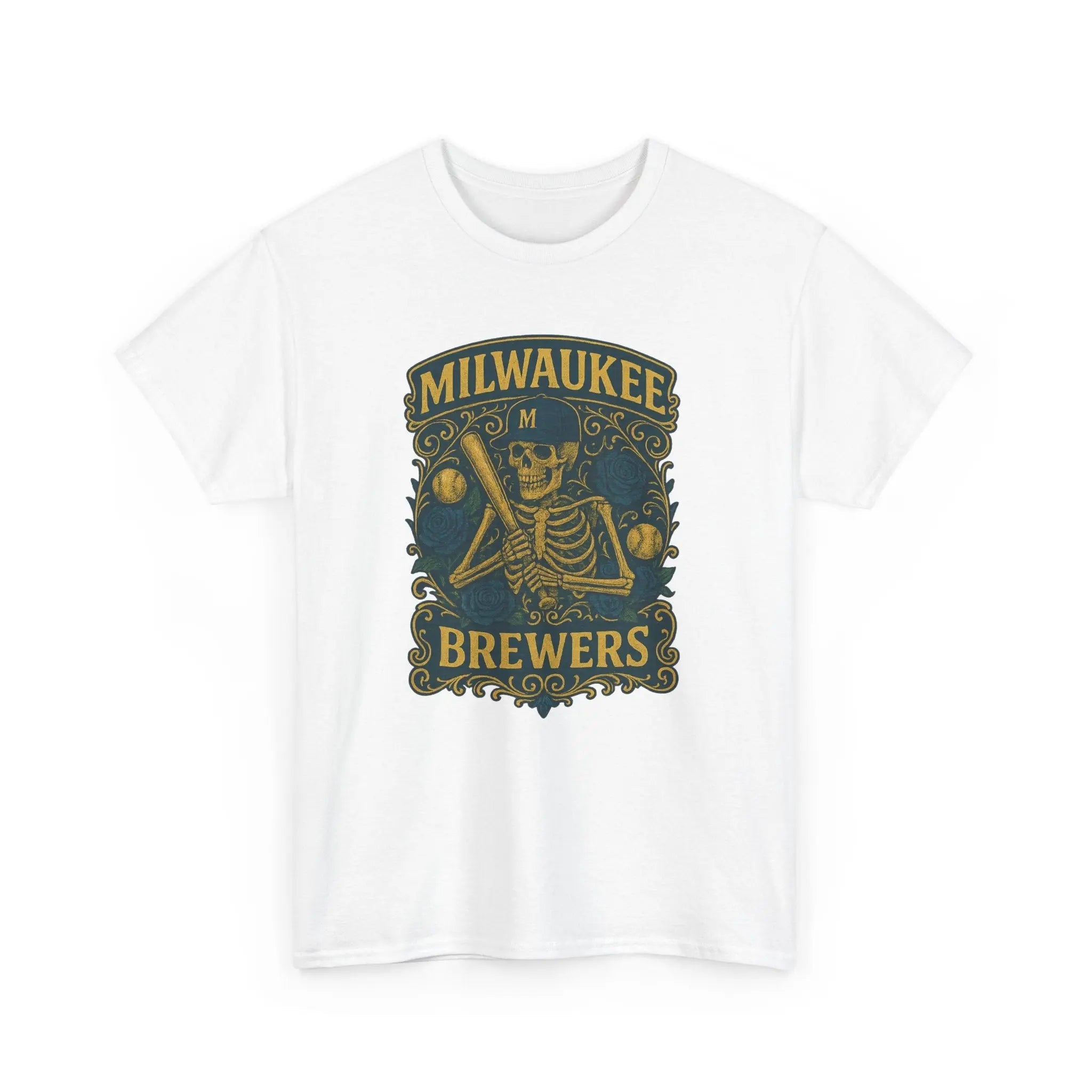 White short-sleeve t-shirt with Brewers skeleton logo centered on chest