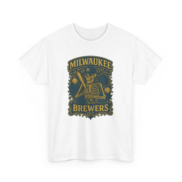 White short-sleeve t-shirt with Brewers skeleton logo centered on chest