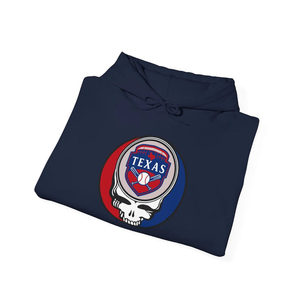 Navy pullover hoodie with drawstring hood and circular Texas Rangers Stealie logo