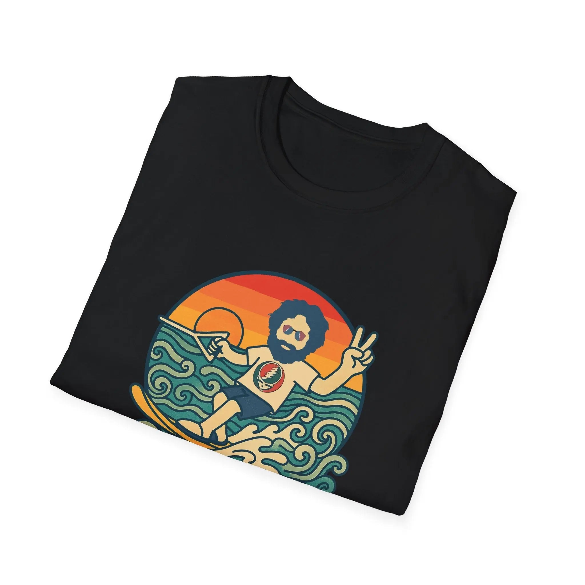 Black T-shirt with front graphic of a bearded man in a circular orange scene