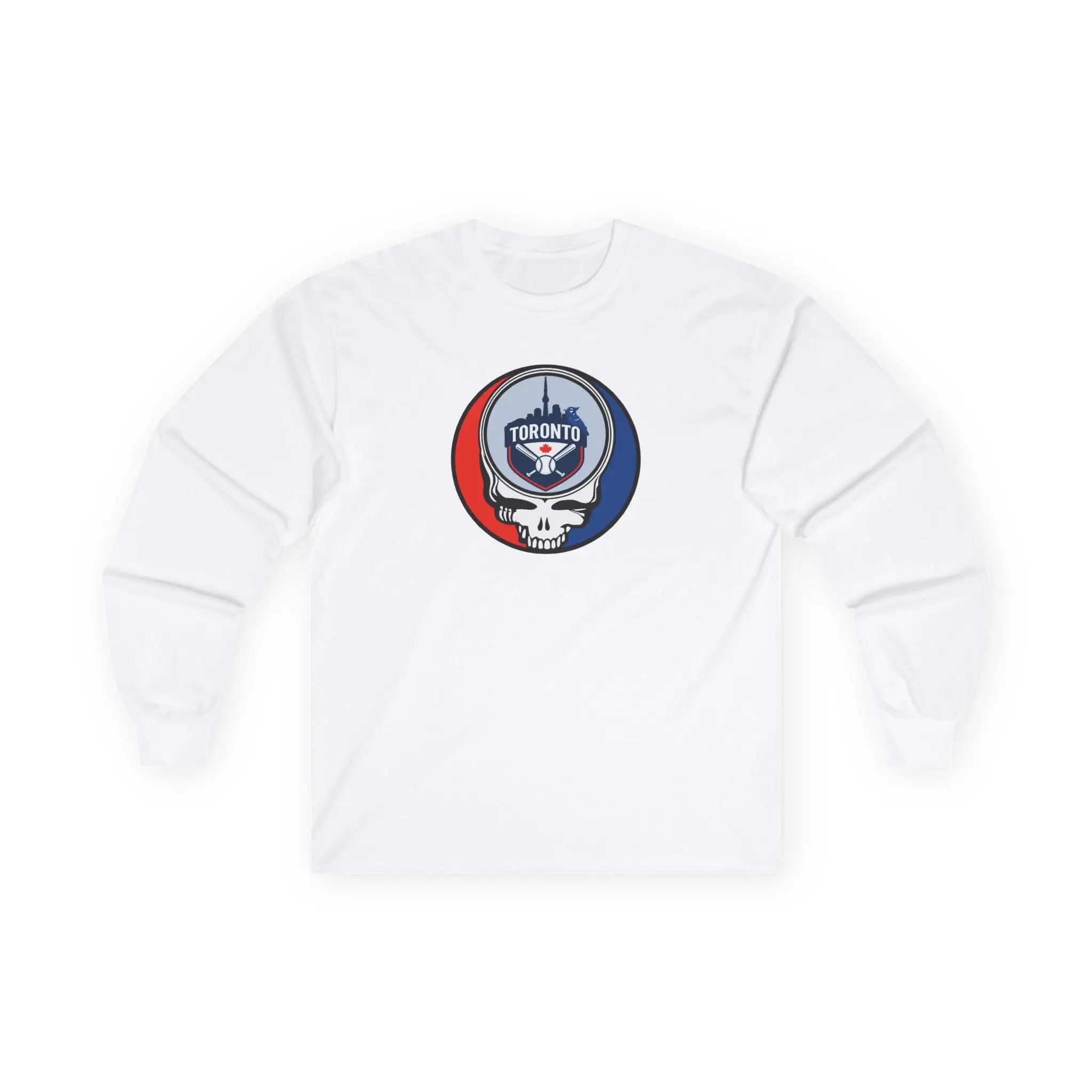 Toronto Blue Jays white long-sleeve T-shirt with circular Stealie logo