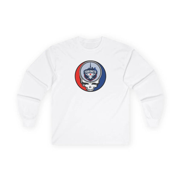 Toronto Blue Jays white long-sleeve T-shirt with circular Stealie logo