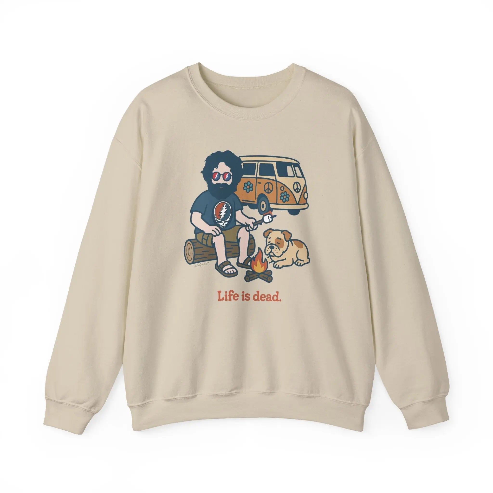 Unisex light sand camping sweatshirt with long sleeves and camper character graphic
