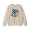 Unisex light sand camping sweatshirt with long sleeves and camper character graphic