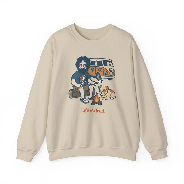 Unisex light sand camping sweatshirt with long sleeves and camper character graphic