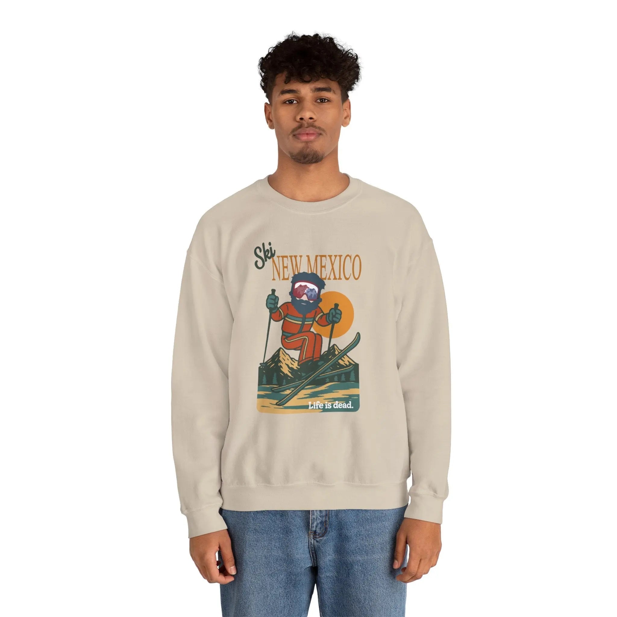 Sand crewneck sweatshirt with front ski graphic and ribbed cuffs