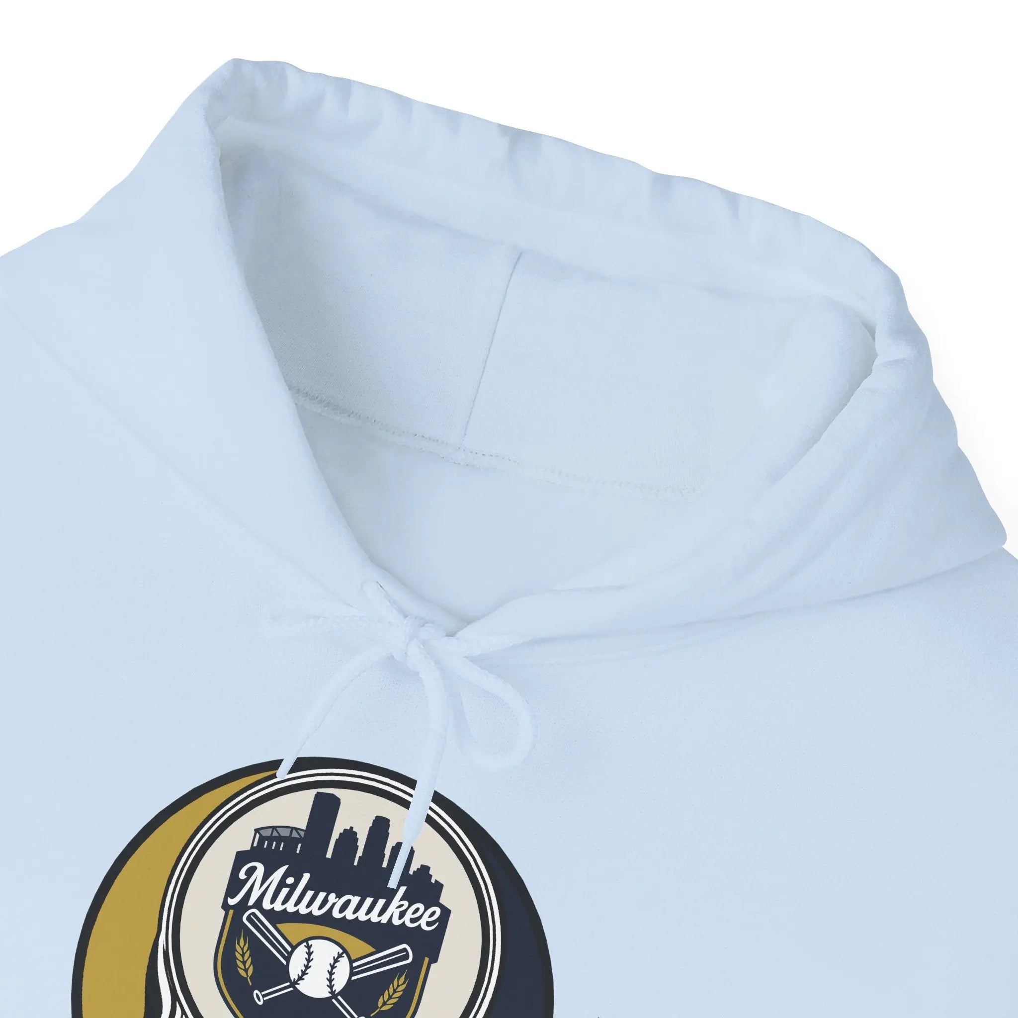 Light blue hoodie with front hood and drawstring, featuring Milwaukee logo graphic.