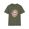 Military green crewneck T-shirt with patriotic bearded skull graphic, "Life is dead"