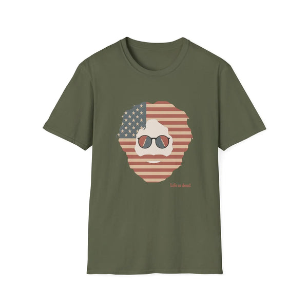 Military green crewneck T-shirt with patriotic bearded skull graphic, "Life is dead"