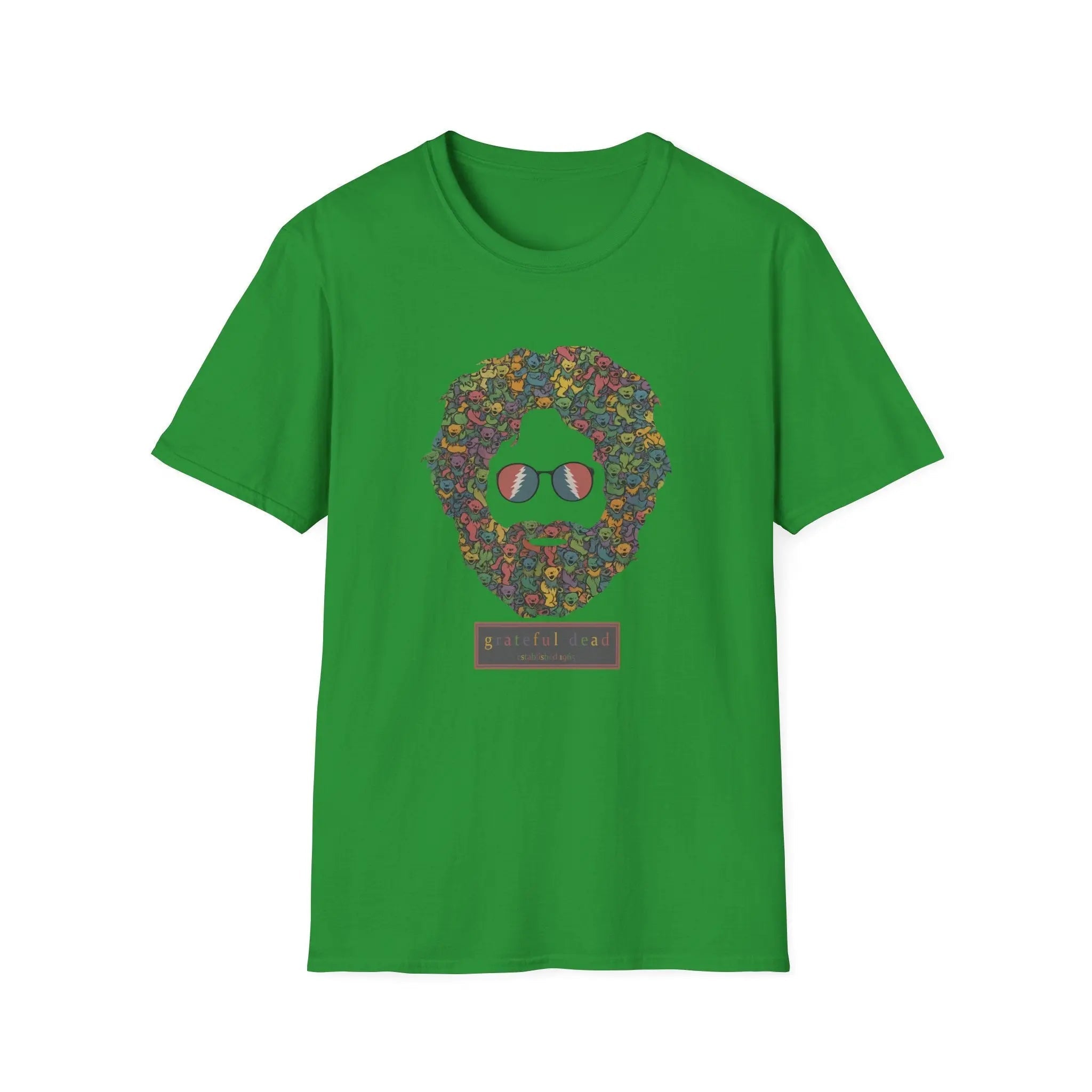 Green T-shirt with colorful dancing bears face graphic on the chest.