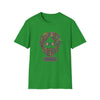 Green T-shirt with colorful dancing bears face graphic on the chest.