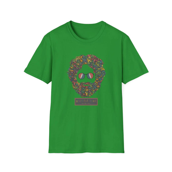 Green T-shirt with colorful dancing bears face graphic on the chest.