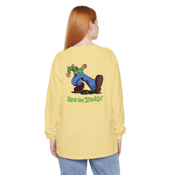 Butter yellow long-sleeve T-shirt with back “Keep On Truckin’” graphic