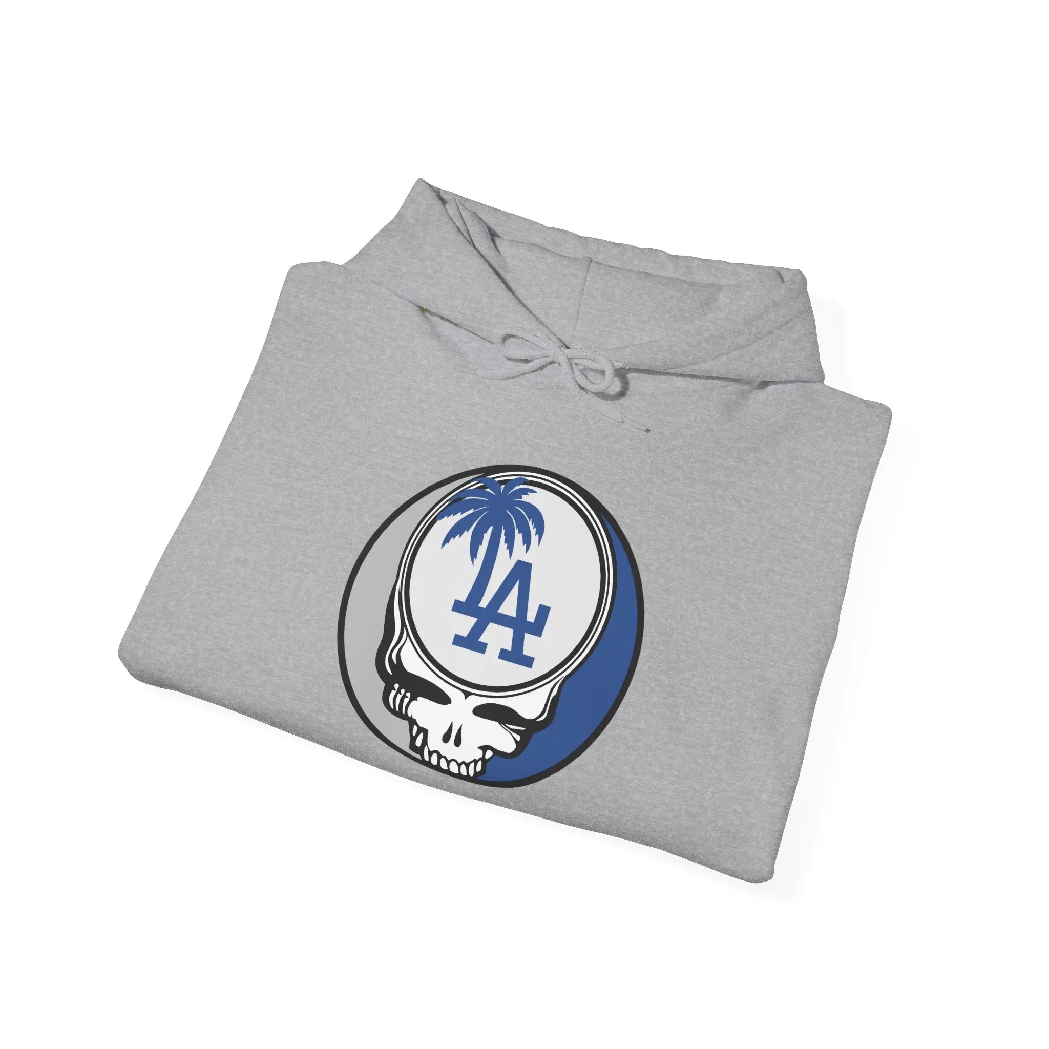 Los Angeles Dodgers light gray hoodie with front Stealie LA emblem and hood drawstring