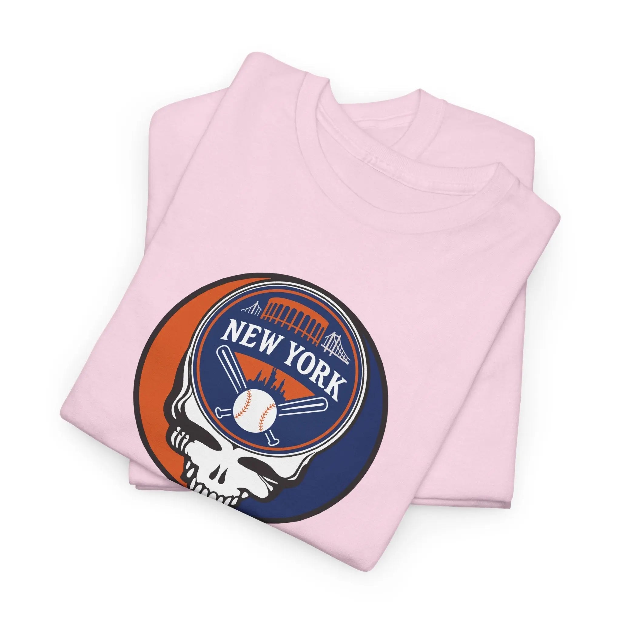 Light pink T-shirt with round New York Stealie logo graphic at the chest