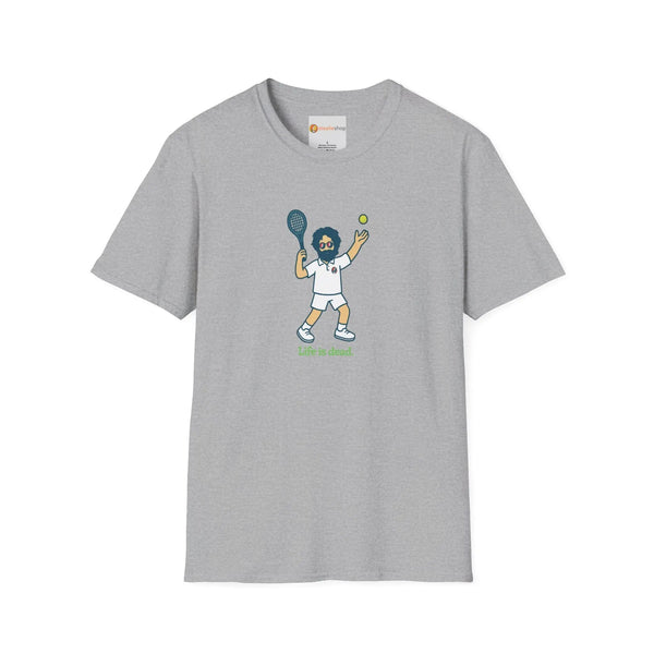 Sport grey men's graphic T-shirt with cartoon 'Life is dead.' print