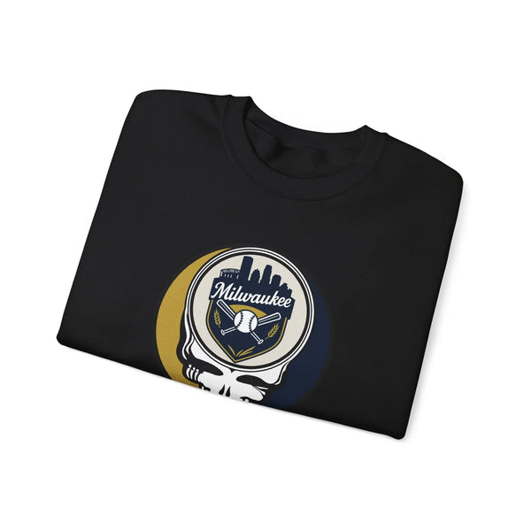 Black crewneck sweatshirt with large round Milwaukee skull logo graphic