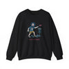 Black crewneck sweatshirt with front cartoon disc-golf scene graphic