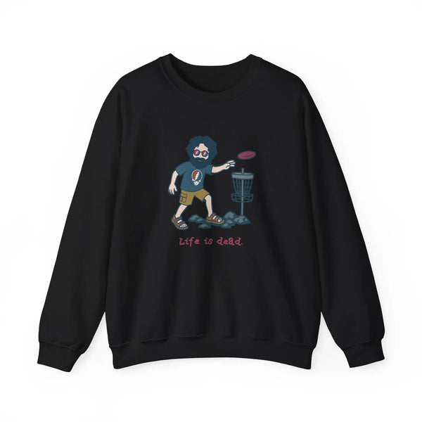 Black crewneck sweatshirt with front cartoon disc-golf scene graphic